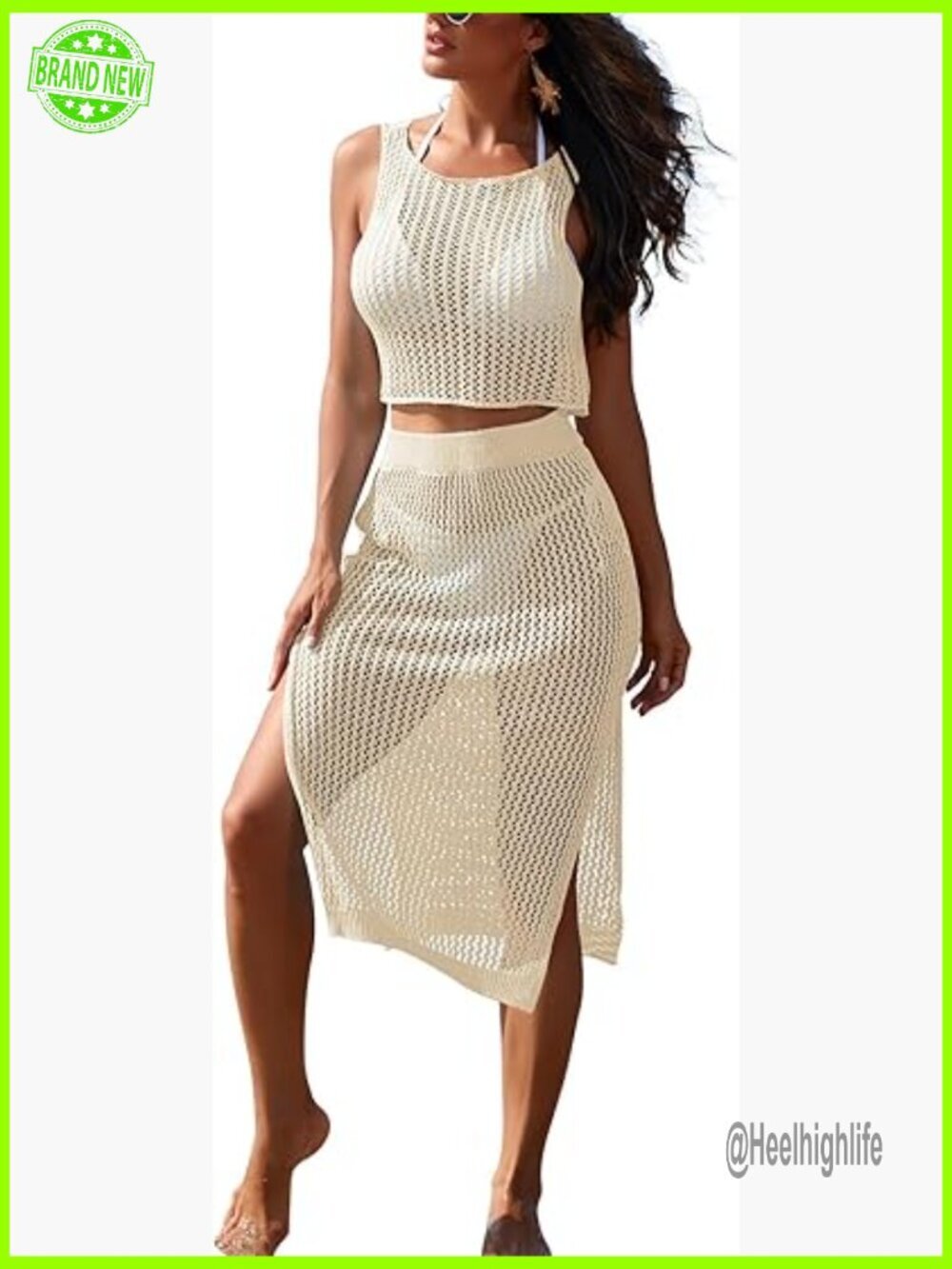 Small 2-Piece Crochet Coverup Set, Mesh Beach Skirt & Crop Top